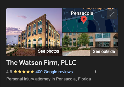 The Watson Firm Google Business Page with 400 Google Reviews and a 4.9 average star rating
